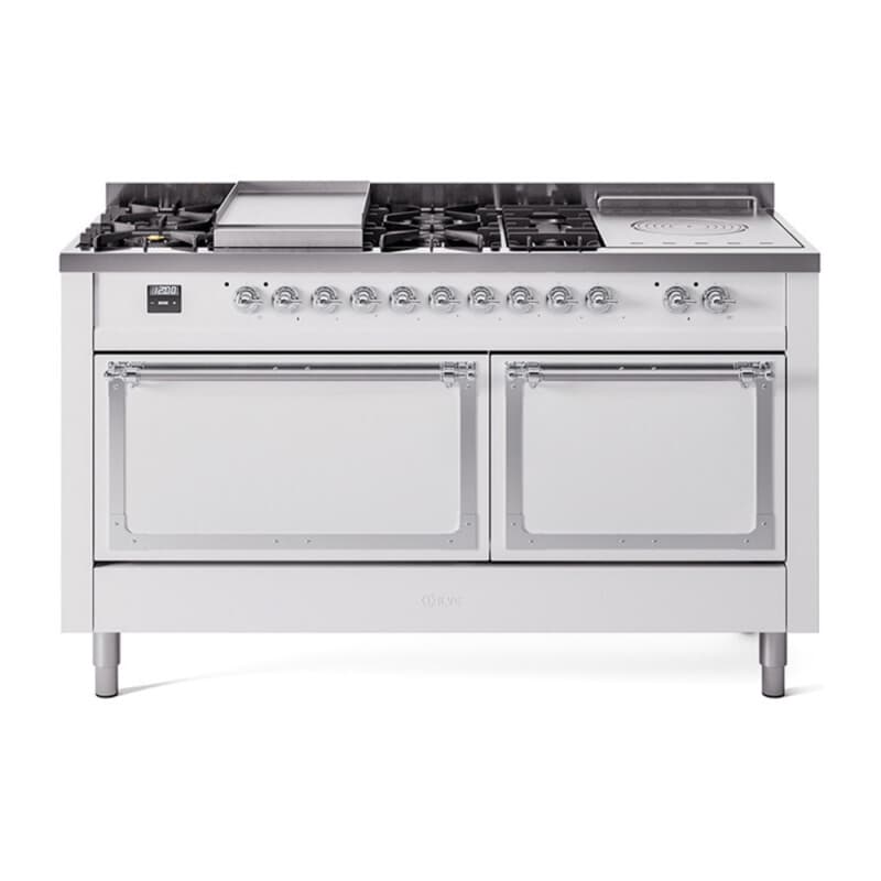 Nostalgie II Noblesse 60″ Dual Fuel Range (7 Sealed Burners + Griddle + French Top, Liquid Propane, Solid Door, White, Chrome)