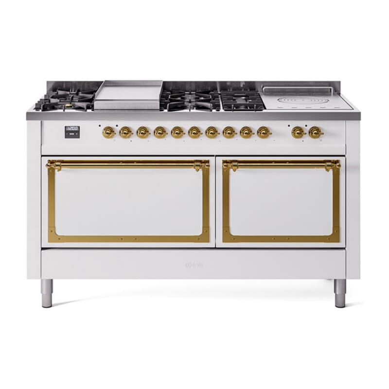 Nostalgie II Noblesse 60″ Dual Fuel Range (7 Sealed Burners + Griddle + French Top, Natural Gas, Solid Door, White, Brass)