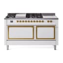 Nostalgie II Noblesse 60″ Dual Fuel Range      (7 Sealed Burners + Griddle + French Top, Liquid Propane, Solid Door, White, Brass) view 1
