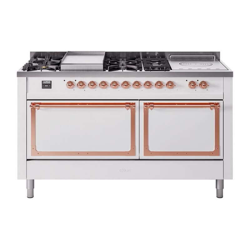 Nostalgie II Noblesse 60″ Dual Fuel Range (7 Sealed Burners + Griddle + French Top, Liquid Propane, Solid Door, White, Copper)