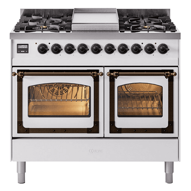 Nostalgie II Noblesse 40″ Dual Fuel Range (Natural Gas, Triple Glass Door, White, Burnished)