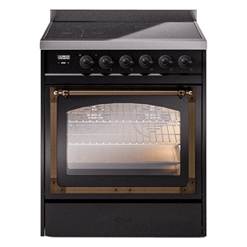 Nostalgie II Noblesse 30″ Induction Range (Triple Glass Door, Glossy Black, Burnished)