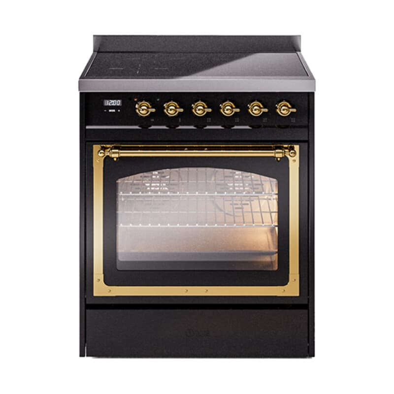 Nostalgie II Noblesse 30″ Induction Range (Triple Glass Door, Glossy Black, Brass)