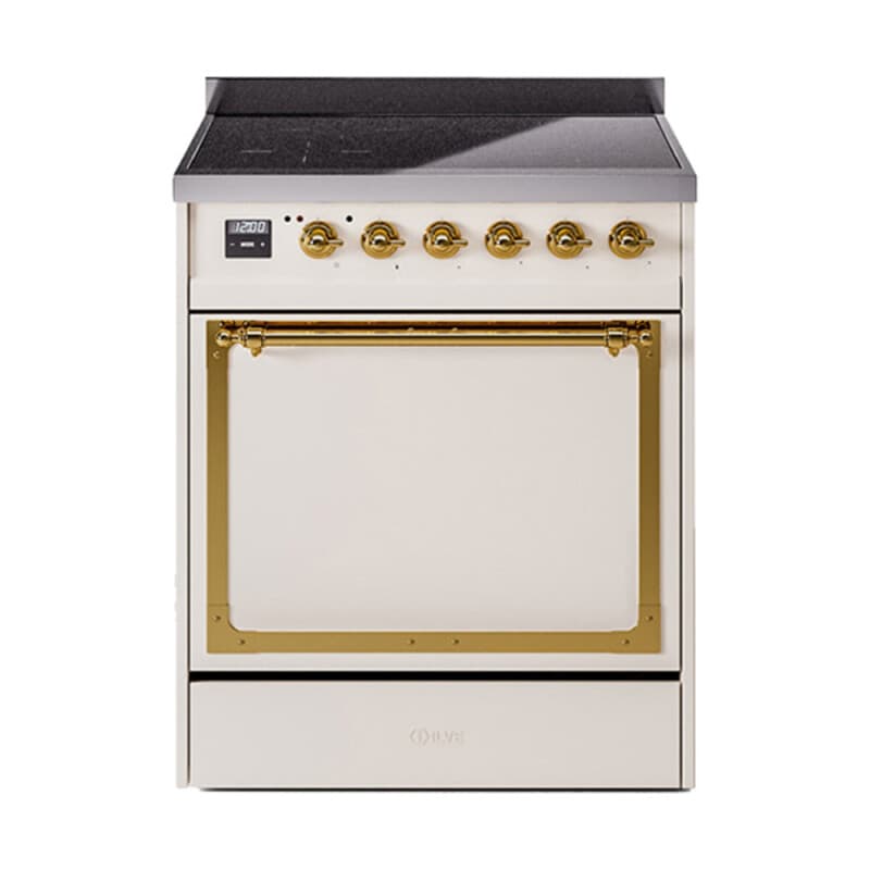 Nostalgie II Noblesse 30″ Induction Range (Solid Door, Antique White, Brass)