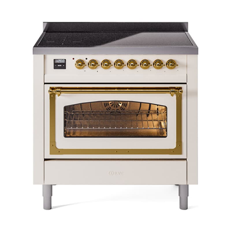 Nostalgie II Noblesse 36″ Induction Range   (Triple Glass Door, Antique White, Brass)