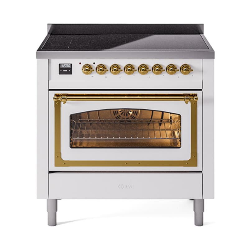 Nostalgie II Noblesse 36″ Induction Range (Triple Glass Door, White, Brass)