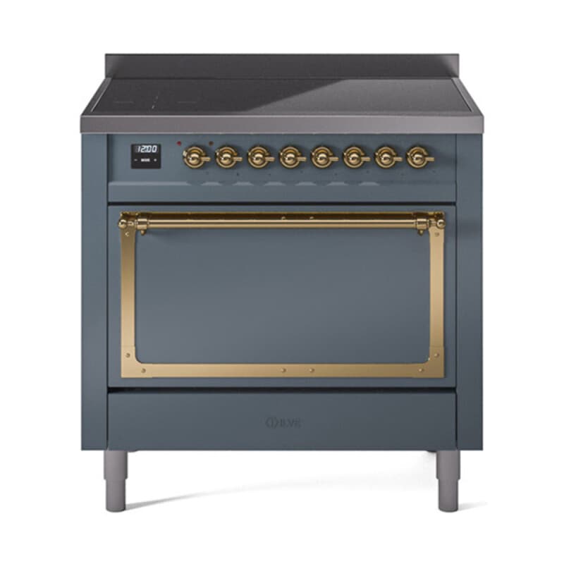 Nostalgie II Noblesse 36″ Induction Range (Solid Door, Blue Grey, Brass)