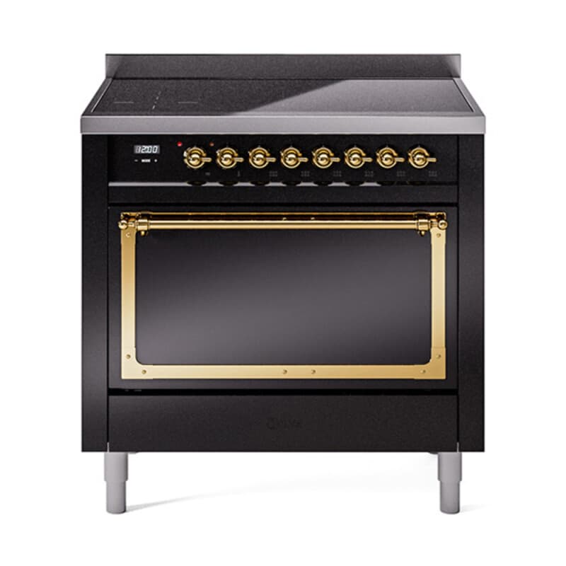 Nostalgie II Noblesse 36″ Induction Range (Solid Door, Glossy Black, Brass)