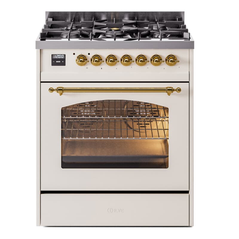 Nostalgie II 30 UP30NMPAWG Freestanding Dual Fuel Range with 5 Sealed Burners Single Oven with Triple Glass Door with Brass knobs