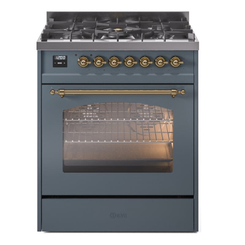 Nostalgie II 30 UP30NMPBGG Freestanding Dual Fuel Range with 5 Sealed Burners Single Oven with Triple Glass Door with Brass knobs