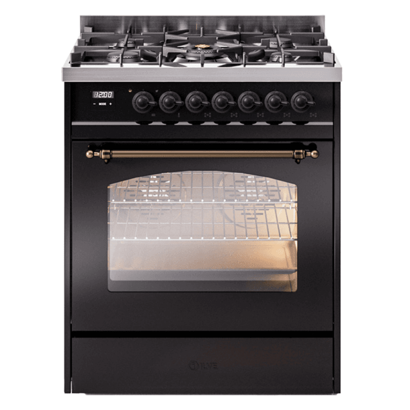 Nostalgie II 30 UP30NMPBKB Freestanding Dual Fuel Range with 5 Sealed Burners Single Oven with Triple Glass Door with Bronze knobs