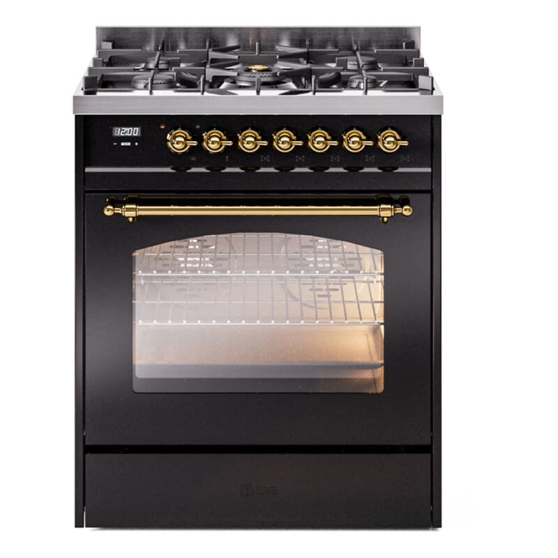Nostalgie II Series 30 inch Freestanding Dual Fuel Range with Natural Gas, 5 Sealed Burners, 4 cu. ft. Total Oven Capacity, Convection Oven, Continuous Grates, Viewing Window, Storage Drawer with Brass Trim