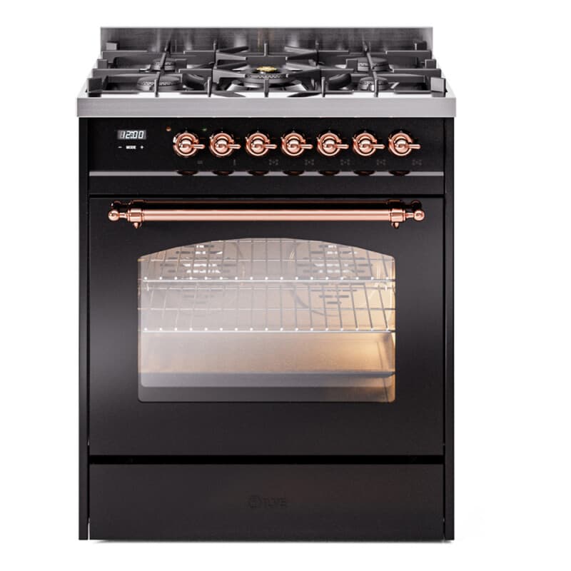 Nostalgie II 30 UP30NMPBKP Freestanding Dual Fuel Range with 5 Sealed Burners Single Oven with Triple Glass Door with Copper knobs