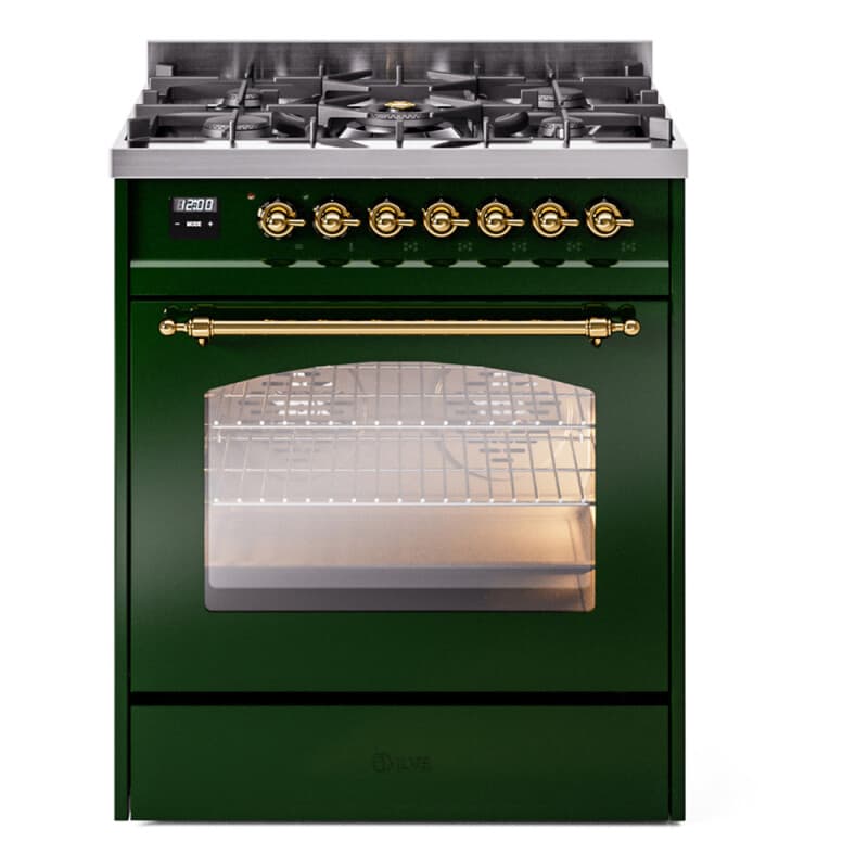 Nostalgie II 30 UP30NMPEGG Freestanding Dual Fuel Range with 5 Sealed Burners Single Oven with Triple Glass Door with Brass knobs