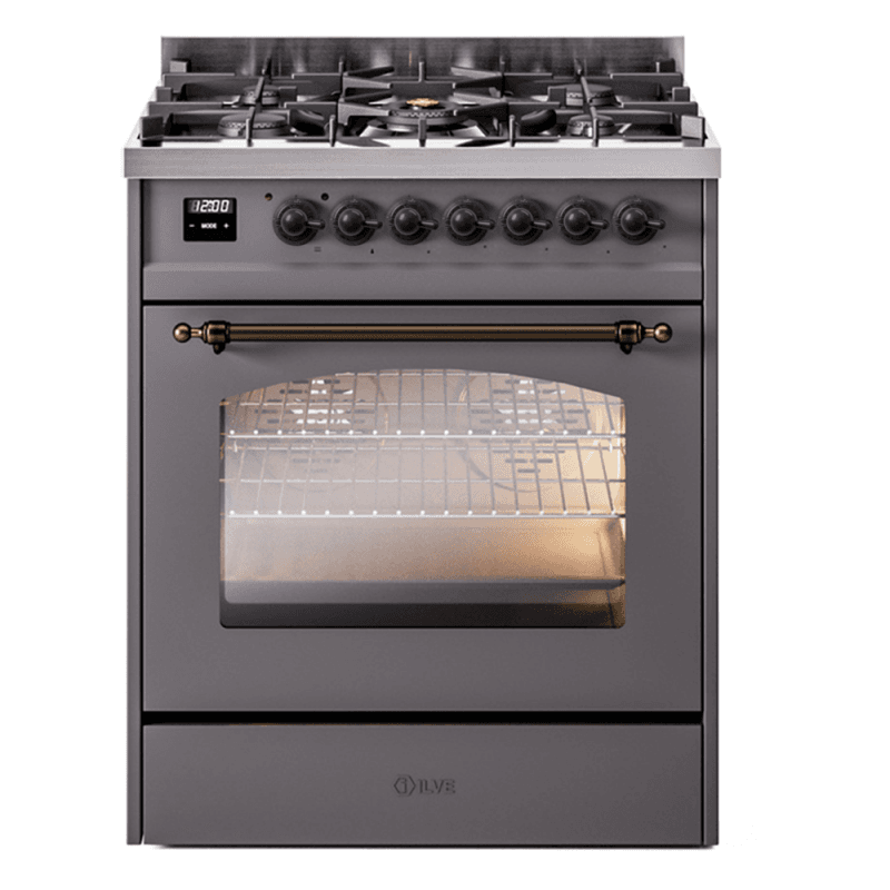 Nostalgie II Series 30 inch Freestanding Dual Fuel Range with Natural Gas, 5 Sealed Burners, 4 cu. ft. Total Oven Capacity, Convection Oven, Continuous Grates, Storage Drawer, with Bronze Trim