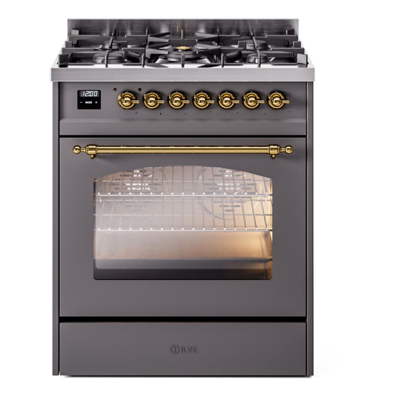 Nostalgie II 30 UP30NMPMGG Freestanding Dual Fuel Range with 5 Sealed Burners Single Oven with Triple Glass Door with Brass knobs