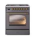 Nostalgie II 30 UP30NMPMGG Freestanding Dual Fuel Range with 5 Sealed Burners Single Oven with Triple Glass Door with Brass knobs view 2