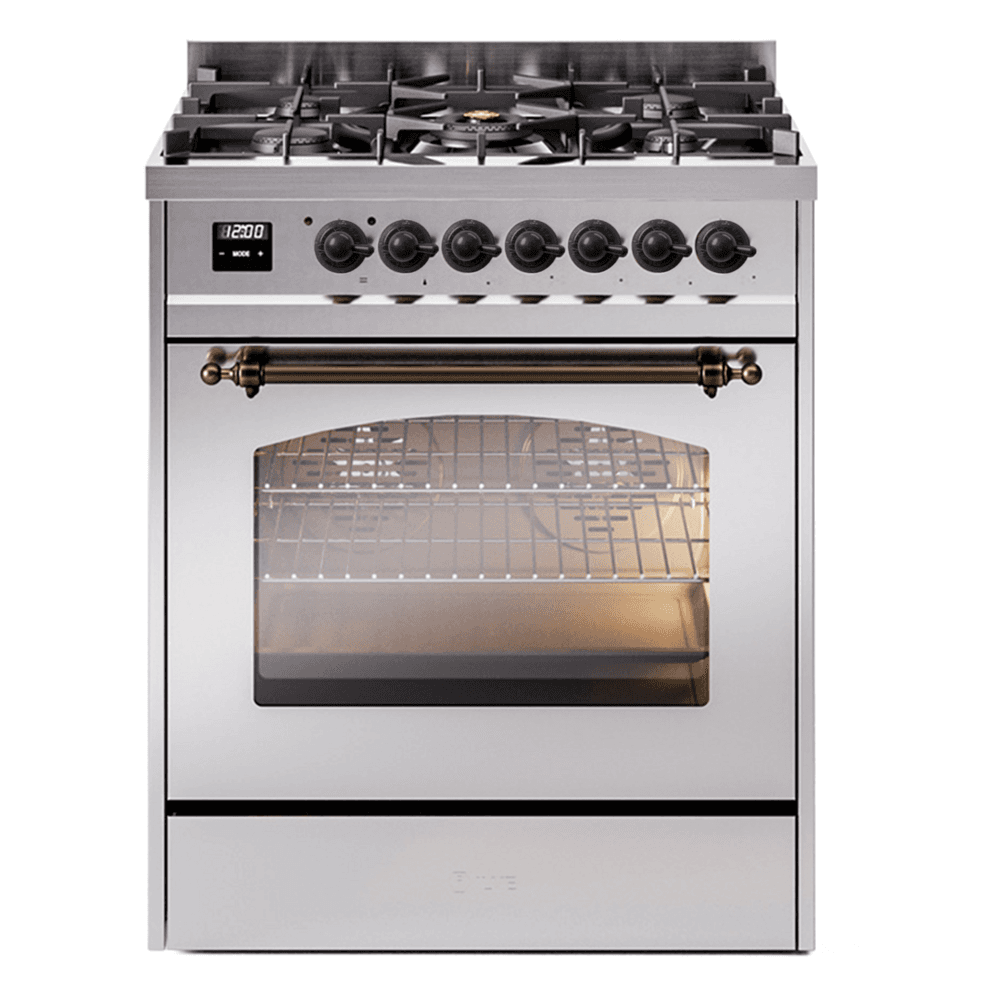 Nostalgie II 30 UP30NMPSSB Freestanding Dual Fuel Range with 5 Sealed Burners Single Oven with Triple Glass Door with Bronze knobs