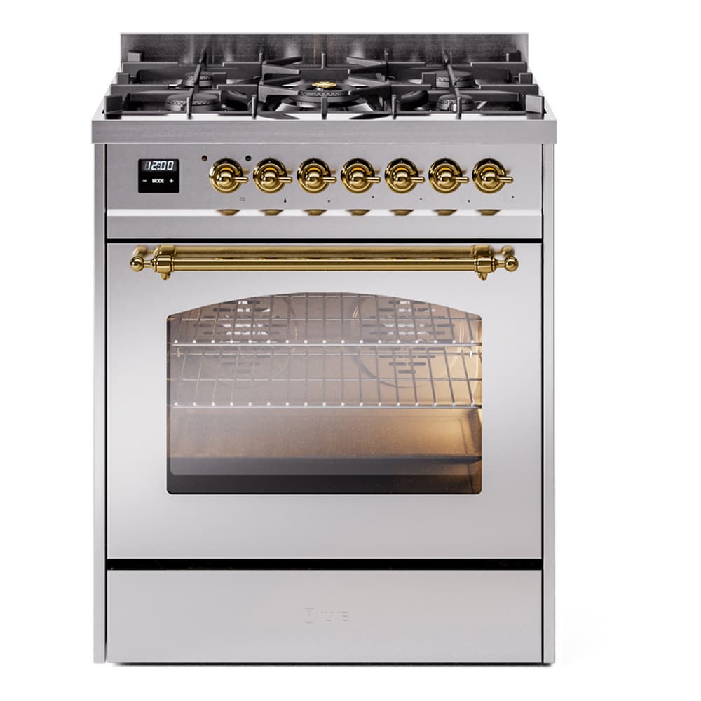 Nostalgie II 30 UP30NMPSSG Freestanding Dual Fuel Range with 5 Sealed Burners Single Oven with Triple Glass Door with Brass knobs
