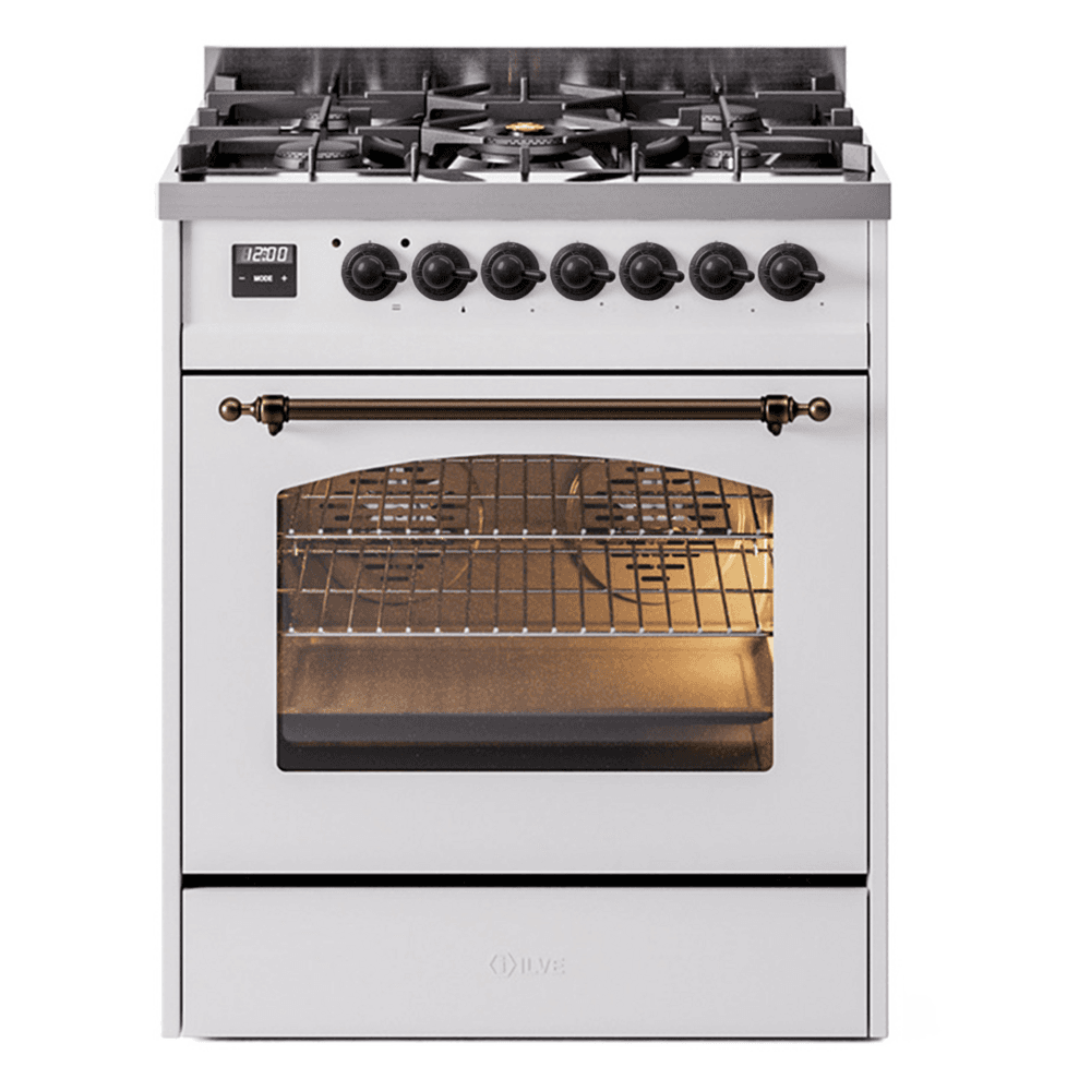 Nostalgie II 30 UP30NMPWHB Freestanding Dual Fuel Range with 5 Sealed Burners Single Oven with Triple Glass Door with Bronze knobs