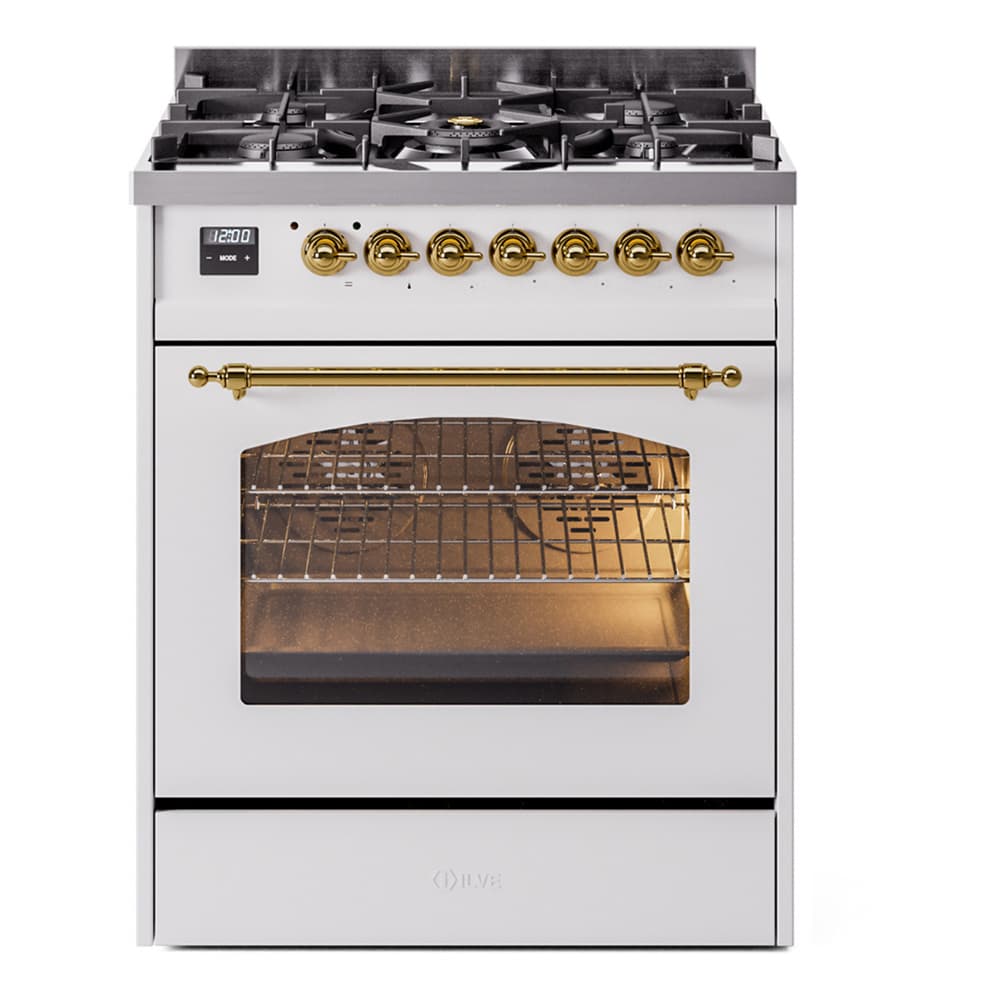 Nostalgie II 30 UP30NMPWHG Freestanding Dual Fuel Range with 5 Sealed Burners Single Oven with Triple Glass Door with Brass knobs