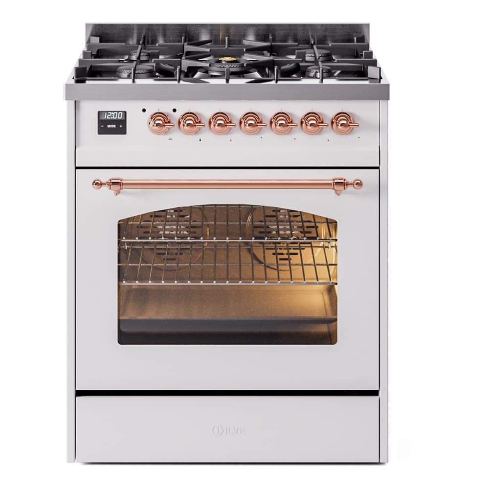 Nostalgie II 30 UP30NMPWHP Freestanding Dual Fuel Range with 5 Sealed Burners Single Oven with Triple Glass Door with Copper knobs