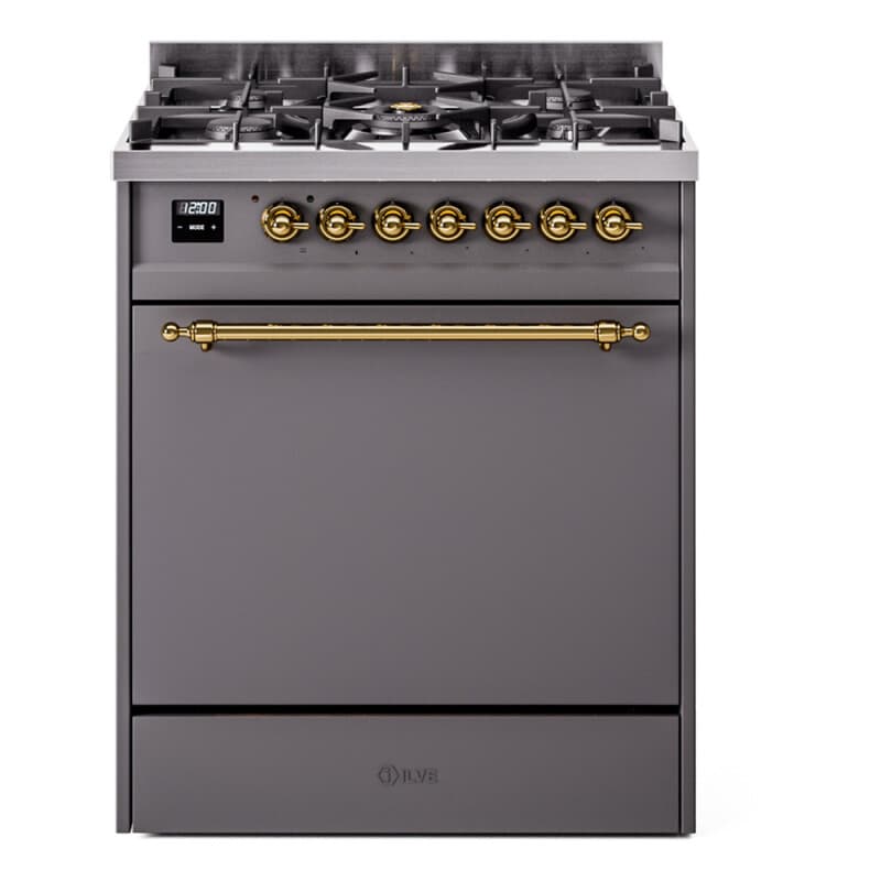 Nostalgie II 30 UP30QNMPMGG Freestanding Dual Fuel Range with 5 Sealed Burners Single Oven with Solid Door with Brass knobs