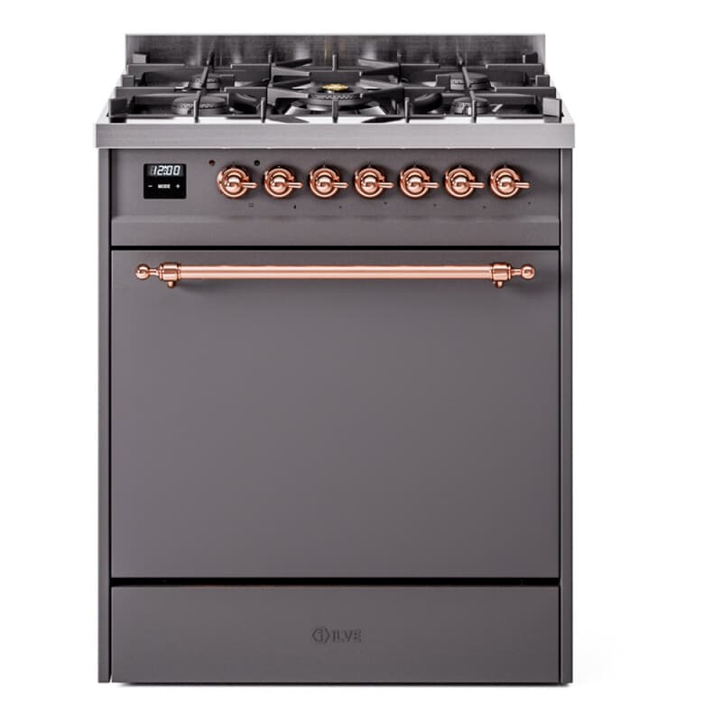 Nostalgie II 30 UP30QNMPMGP Freestanding Dual Fuel Range with 5 Sealed Burners Single Oven with Solid Door with Copper knobs