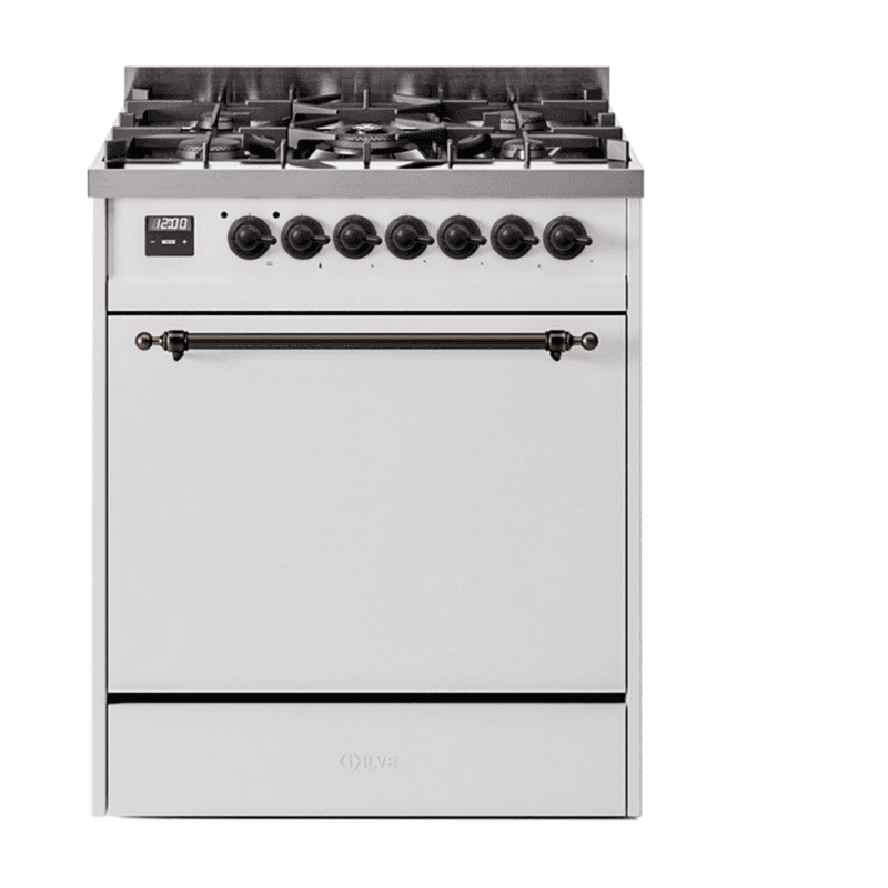 Nostalgie II 30 UP30QNMPWHB Freestanding Dual Fuel Range with 5 Sealed Burners Single Oven with Solid Door with Bronze knobs