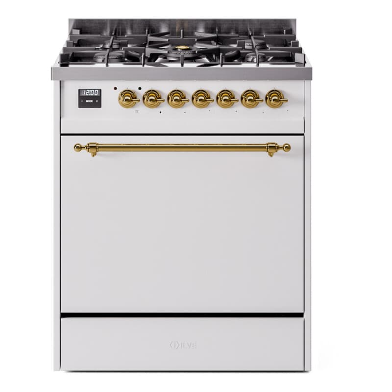 Nostalgie II 30 UP30QNMPWHG Freestanding Dual Fuel Range with 5 Sealed Burners Single Oven with Solid Door with Brass knobs