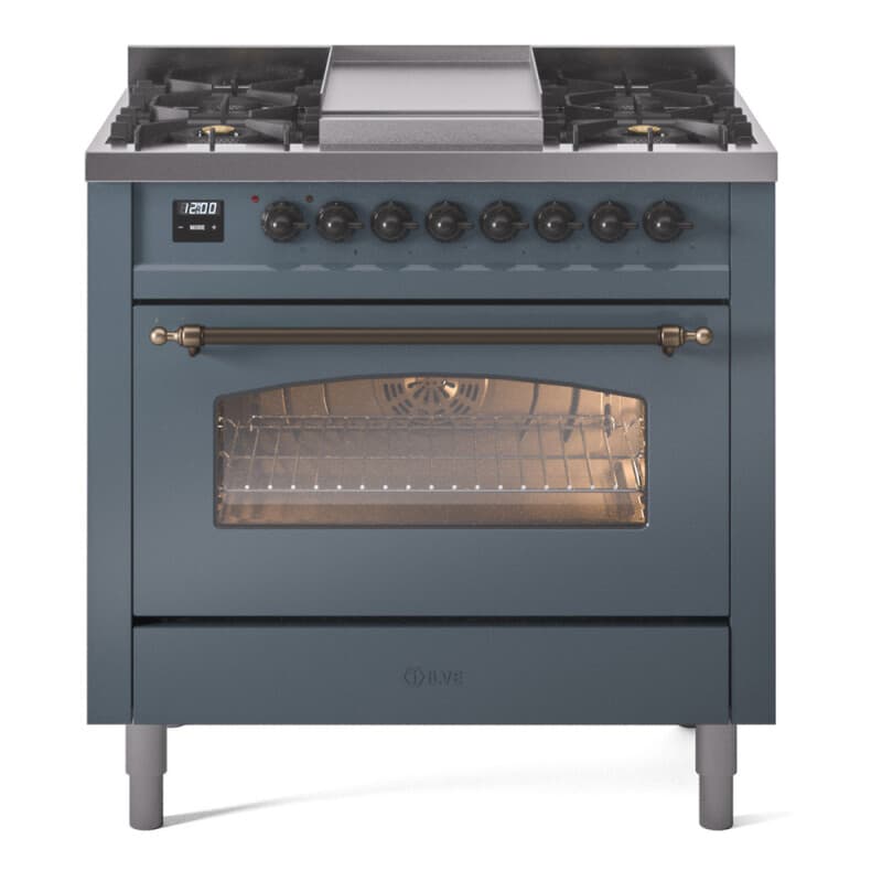 Nostalgie II 36 UP36FNMPBGB Freestanding Dual Fuel Range with 6 Sealed Burners with Griddle Single Oven with Triple Glass Door with Bronze knobs