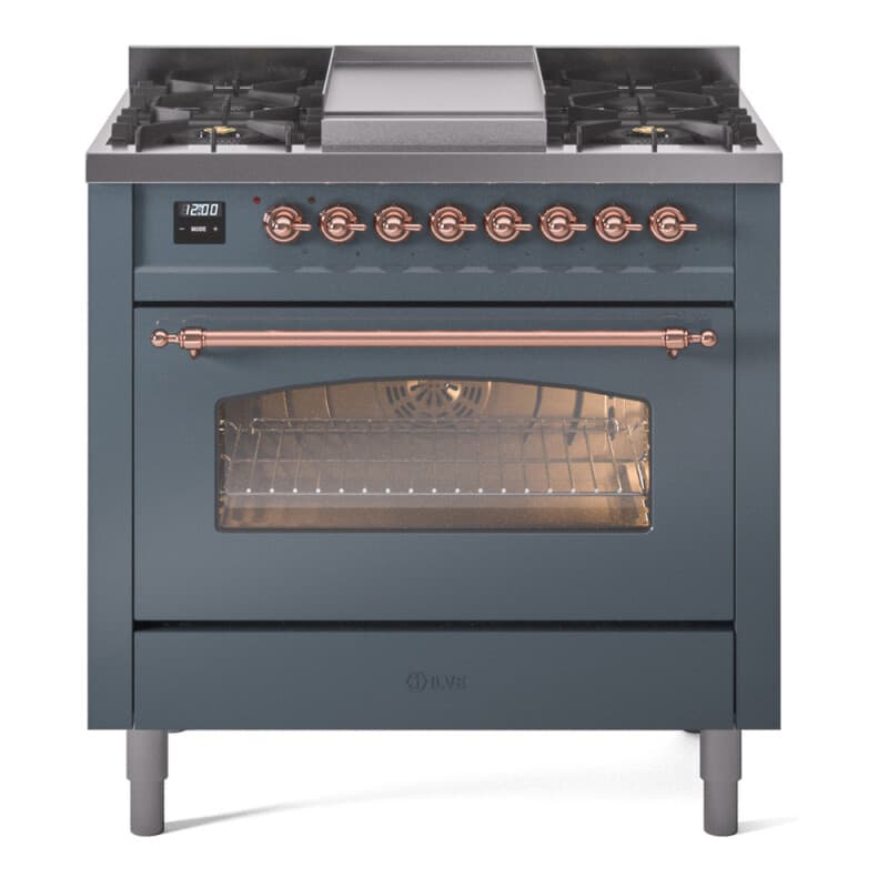 Nostalgie II 36 UP36FNMPBGP Freestanding Dual Fuel Range with 6 Sealed Burners with Griddle Single Oven with Triple Glass Door with Copper knobs