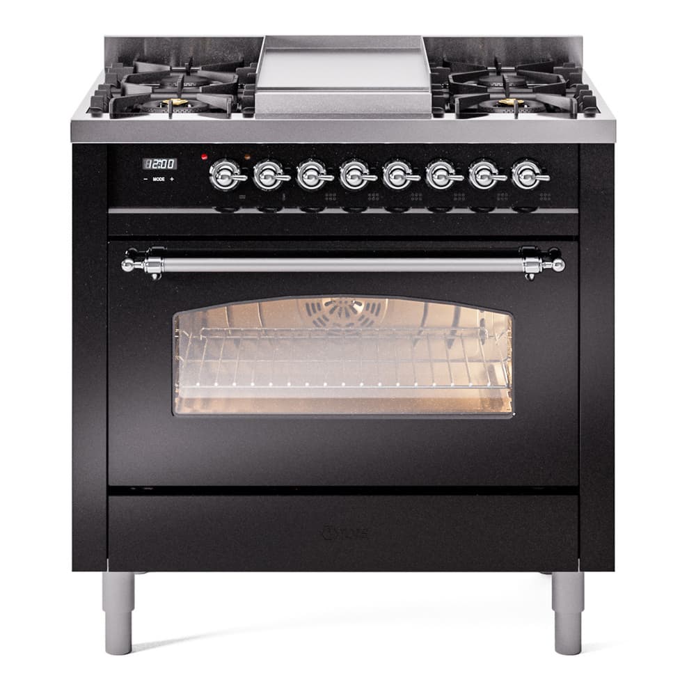 Nostalgie II 36 UP36FNMPBKC Freestanding Dual Fuel Range with 6 Sealed Burners with Griddle Single Oven with Triple Glass Door with Chrome knobs