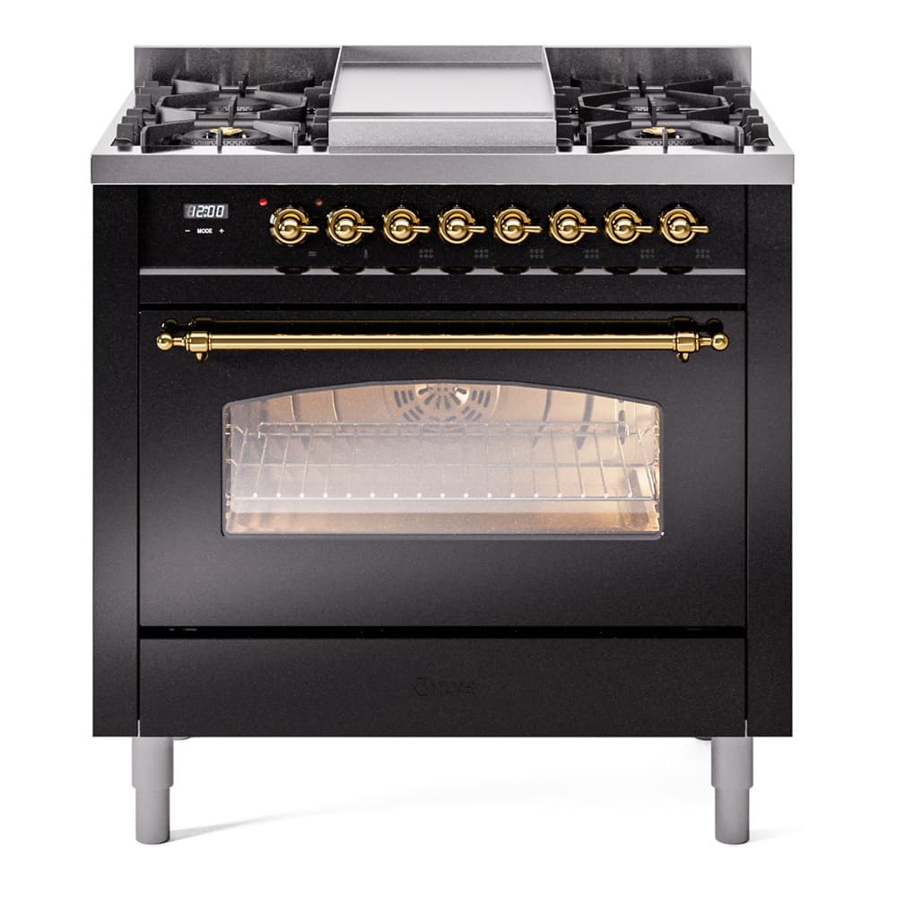 Nostalgie II 36 UP36FNMPBKG Freestanding Dual Fuel Range with 6 Sealed Burners with Griddle Single Oven with Triple Glass Door with Brass knobs