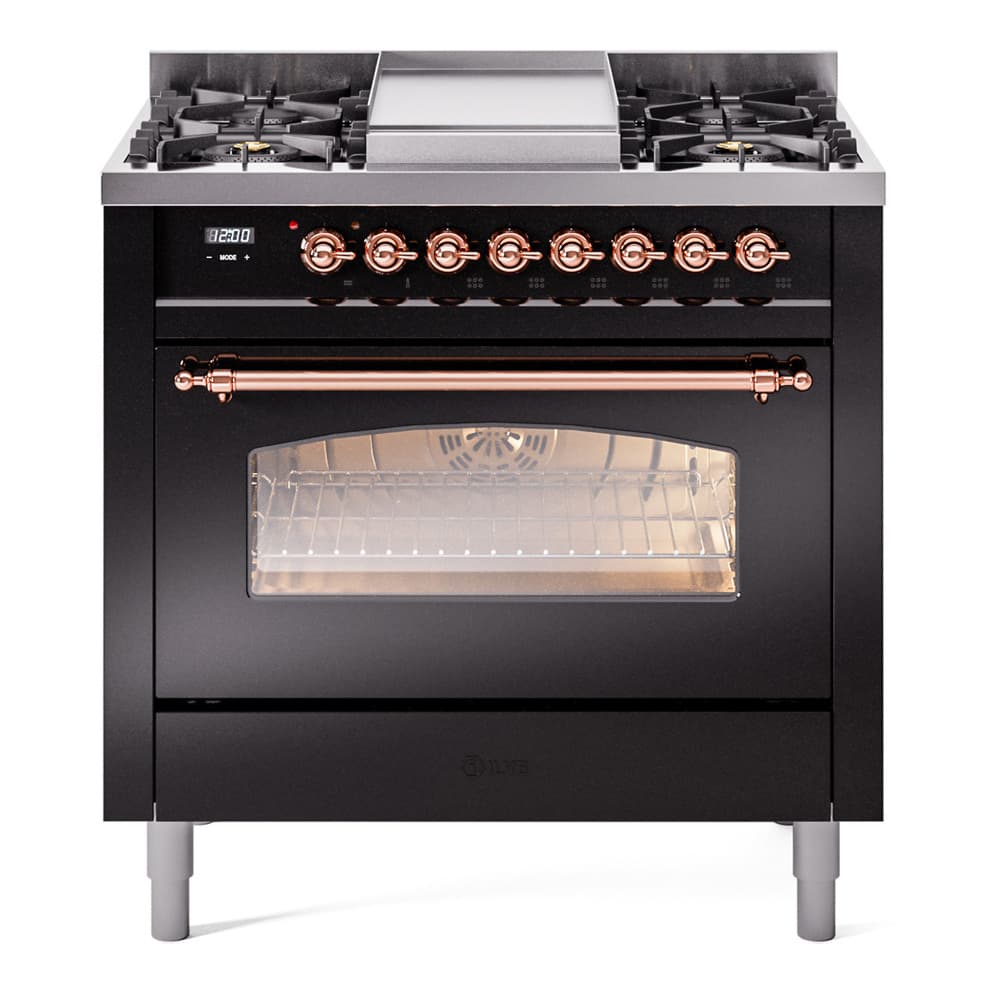 Nostalgie II 36 UP36FNMPBKP Freestanding Dual Fuel Range with 6 Sealed Burners with Griddle Single Oven with Triple Glass Door with Copper knobs