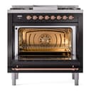 Nostalgie II 36 UP36FNMPBKP Freestanding Dual Fuel Range with 6 Sealed Burners with Griddle Single Oven with Triple Glass Door with Copper knobs view 4