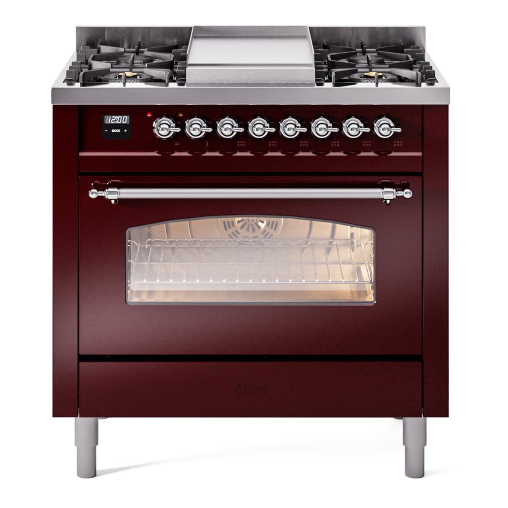 Nostalgie II 36 UP36FNMPBUC Freestanding Dual Fuel Range with 6 Sealed Burners with Griddle Single Oven with Triple Glass Door with Chrome knobs