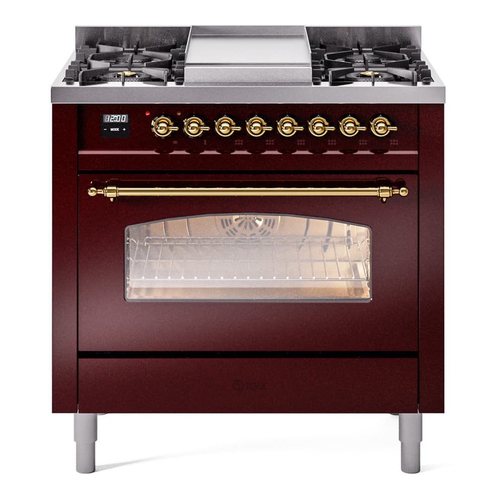 Nostalgie II 36 UP36FNMPBUG Freestanding Dual Fuel Range with 6 Sealed Burners with Griddle Single Oven with Triple Glass Door with Brass knobs