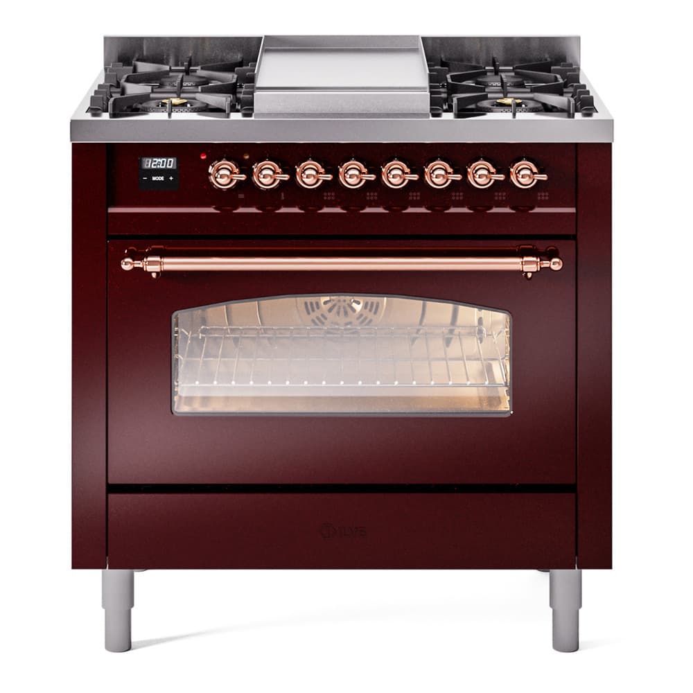 Nostalgie II 36 UP36FNMPBUP Freestanding Dual Fuel Range with 6 Sealed Burners with Griddle Single Oven with Triple Glass Door with Copper knobs