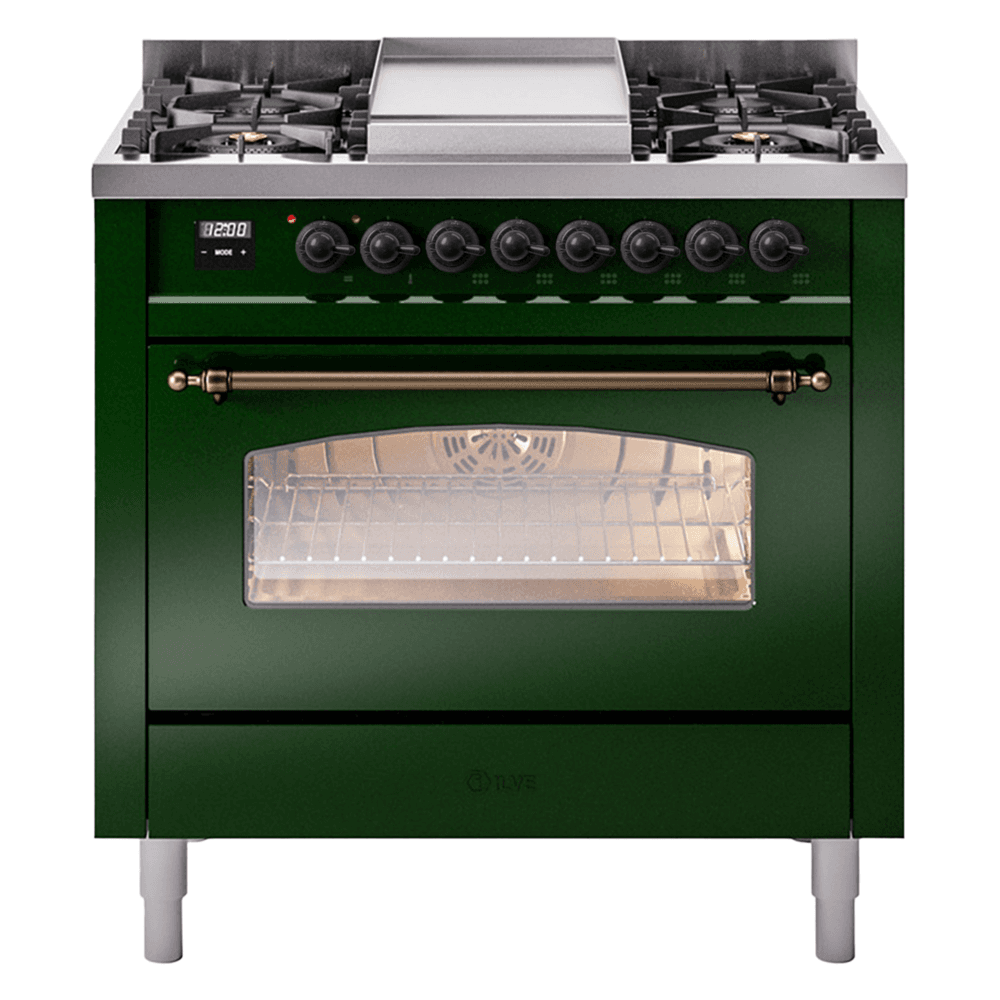 Nostalgie II 36 UP36FNMPEGB Freestanding Dual Fuel Range with 6 Sealed Burners with Griddle Single Oven with Triple Glass Door with Bronze knobs