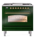 Nostalgie II 36 UP36FNMPEGG Freestanding Dual Fuel Range with 6 Sealed Burners with Griddle Single Oven with Triple Glass Door with Brass knobs view 3