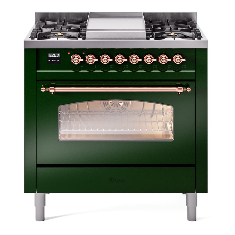 Nostalgie II 36 UP36FNMPEGP Freestanding Dual Fuel Range with 6 Sealed Burners with Griddle Single Oven with Triple Glass Door with Copper knobs