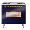 Nostalgie II 36 UP36FNMPMBG Freestanding Dual Fuel Range with 6 Sealed Burners with Griddle Single Oven with Triple Glass Door with Brass knobs view 3