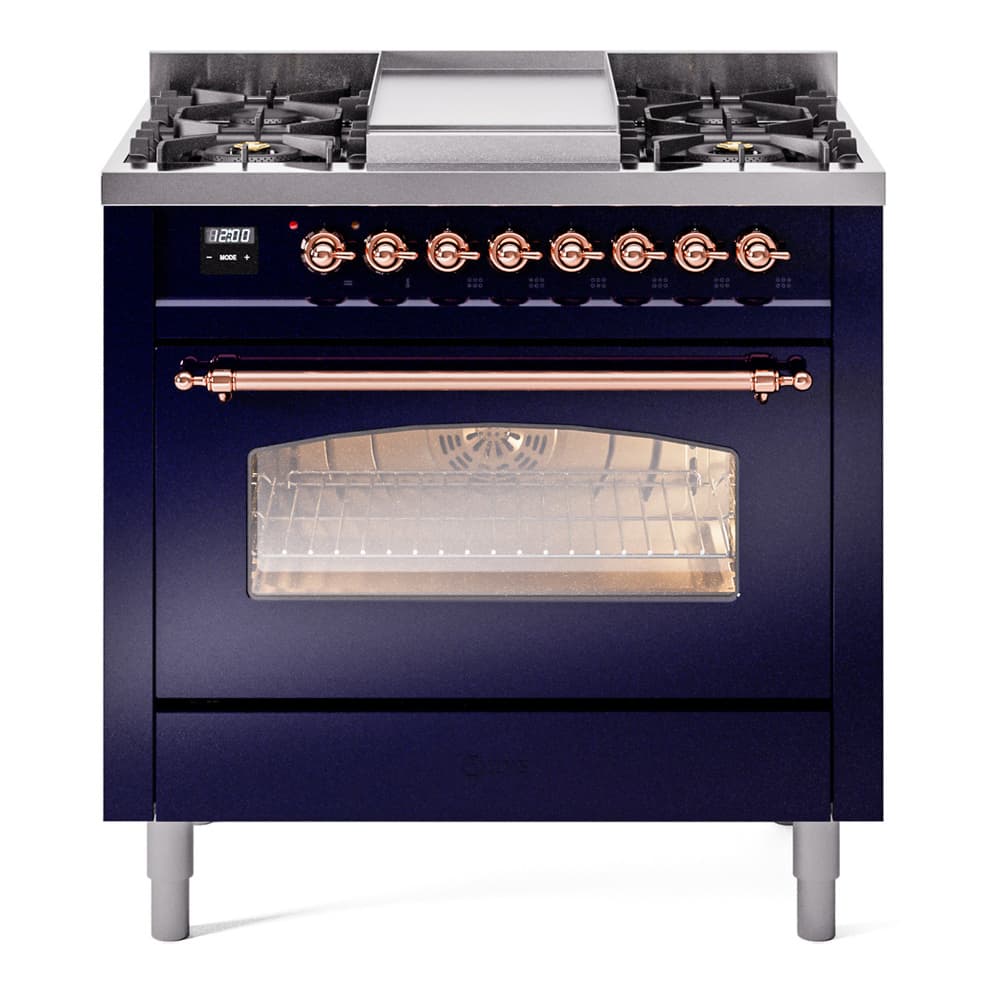 Nostalgie II 36 UP36FNMPMBP Freestanding Dual Fuel Range with 6 Sealed Burners with Griddle Single Oven with Triple Glass Door with Copper knobs