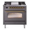 Nostalgie II 36 UP36FNMPMGG Freestanding Dual Fuel Range with 6 Sealed Burners with Griddle Single Oven with Triple Glass Door with Brass knobs view 1