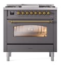 Nostalgie II 36 UP36FNMPMGG Freestanding Dual Fuel Range with 6 Sealed Burners with Griddle Single Oven with Triple Glass Door with Brass knobs view 3