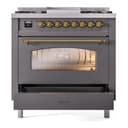 Nostalgie II 36 UP36FNMPMGG Freestanding Dual Fuel Range with 6 Sealed Burners with Griddle Single Oven with Triple Glass Door with Brass knobs view 5