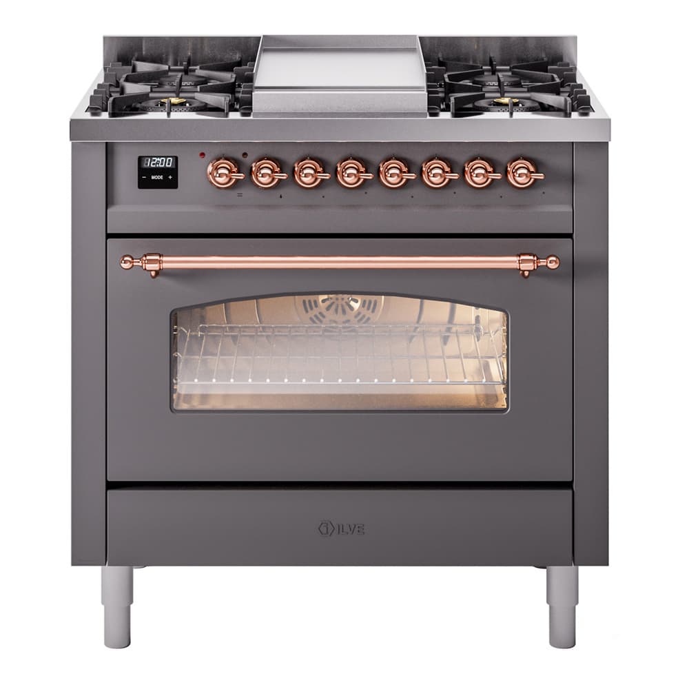 Nostalgie II 36 UP36FNMPMGP Freestanding Dual Fuel Range with 6 Sealed Burners with Griddle Single Oven with Triple Glass Door with Copper knobs