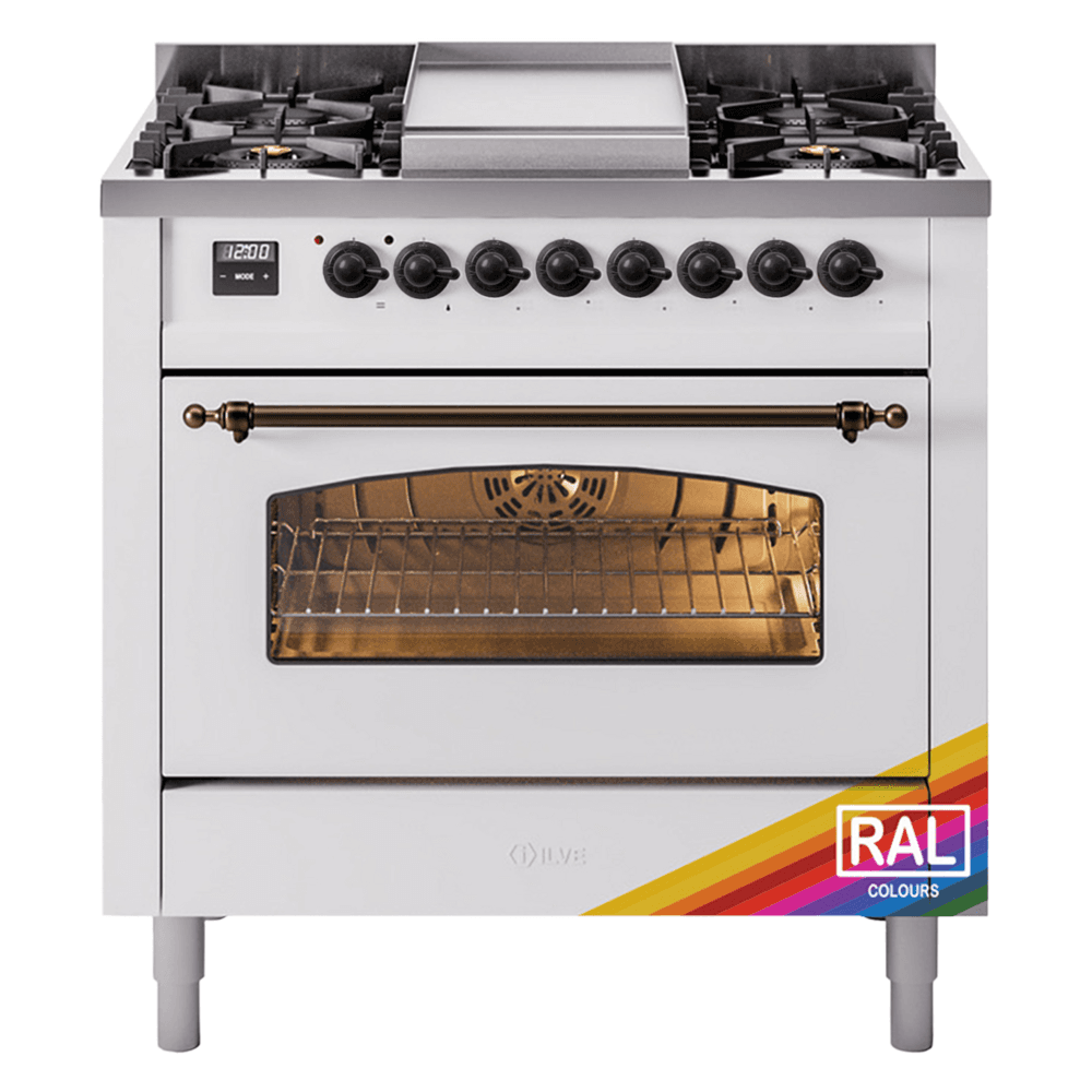 Nostalgie II 36 UP36FNMPRAB Freestanding Dual Fuel Range with 6 Sealed Burners with Griddle Single Oven with Triple Glass Door with Bronze knobs