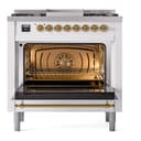 Nostalgie II 36 UP36FNMPRAG Freestanding Dual Fuel Range with 6 Sealed Burners with Griddle Single Oven with Triple Glass Door with Brass knobs view 3